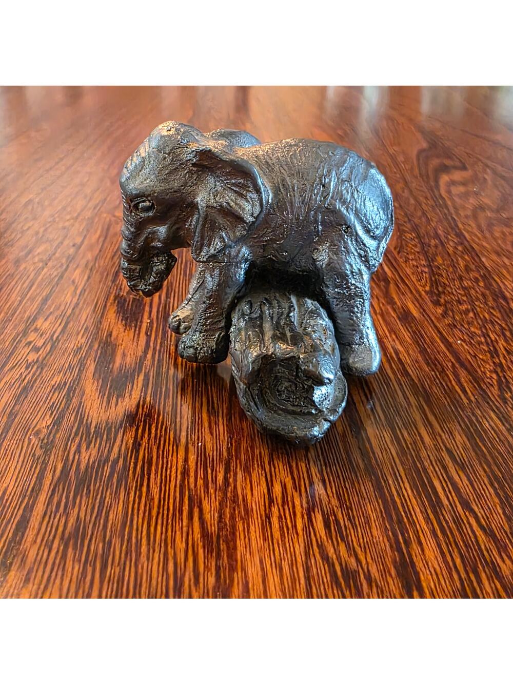 Pewter baby elephant climbing over log figurine Vintage Miniature collectable